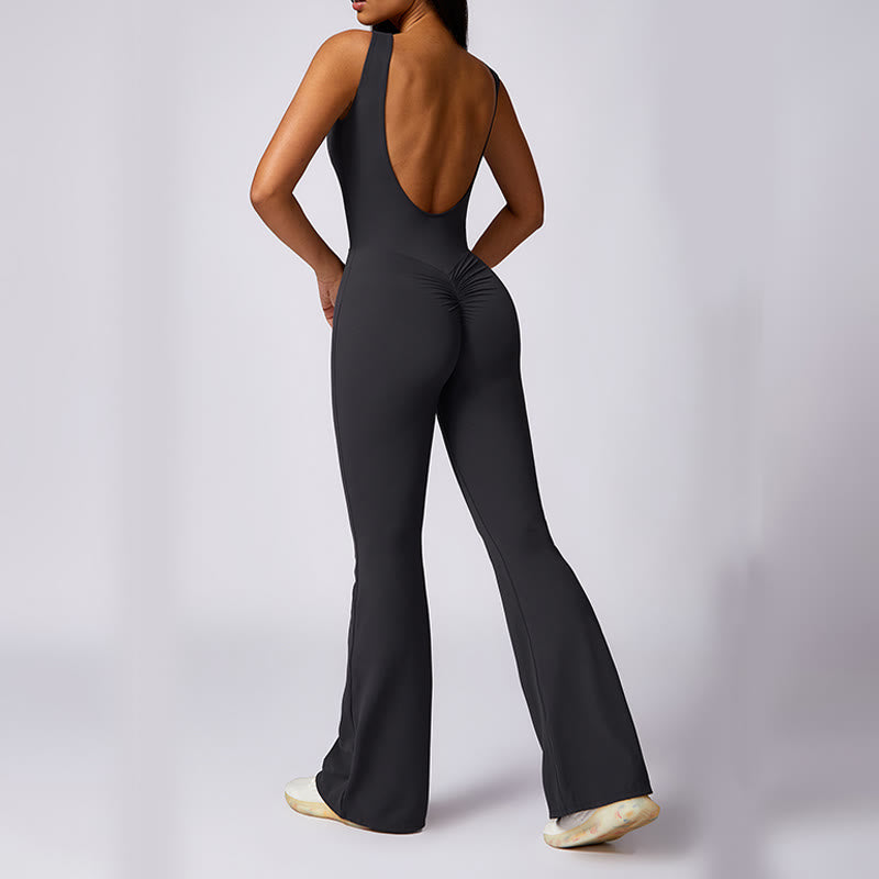 Women Casual Sleeveless Jumpsuit Flare Pants Sports Fitness Yoga Bodysuit