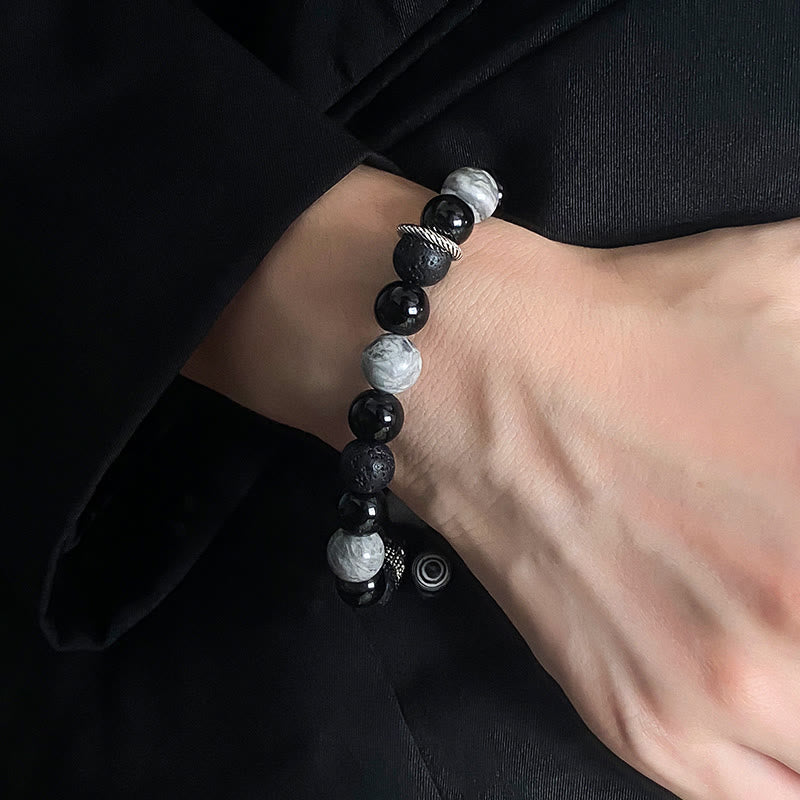 Vintage Lava Rock Black Obsidian Picasso Jasper Beads Support Rope Bracelet