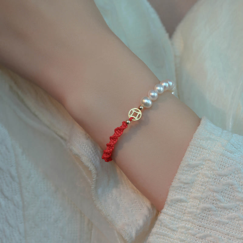 14K Gold Plated Pearl and Prosperity Symbol Braided Red String Bracelet