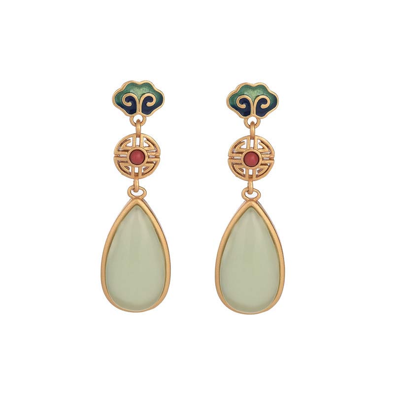 Handmade Jade and Copper Double Happiness Symbol 36mm Drop Earrings