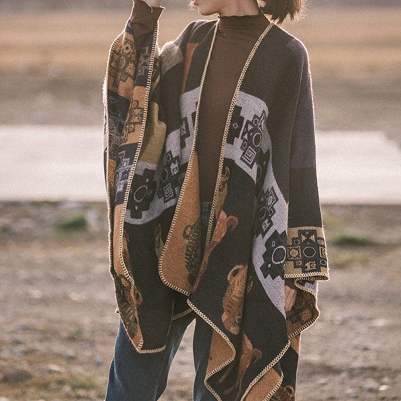 Tibetan Shawl Deer Vase Geometric Shapes Winter Cozy Travel Scarf Wrap