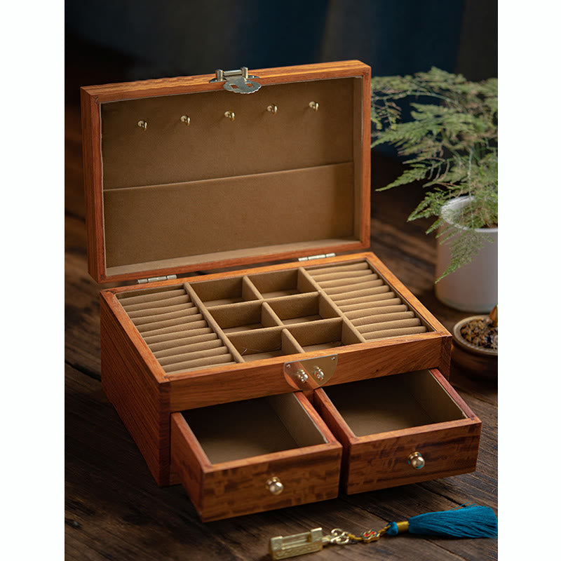 Handmade Antique Rosewood Double Layer Lockable Flower Jewelry Storage Box