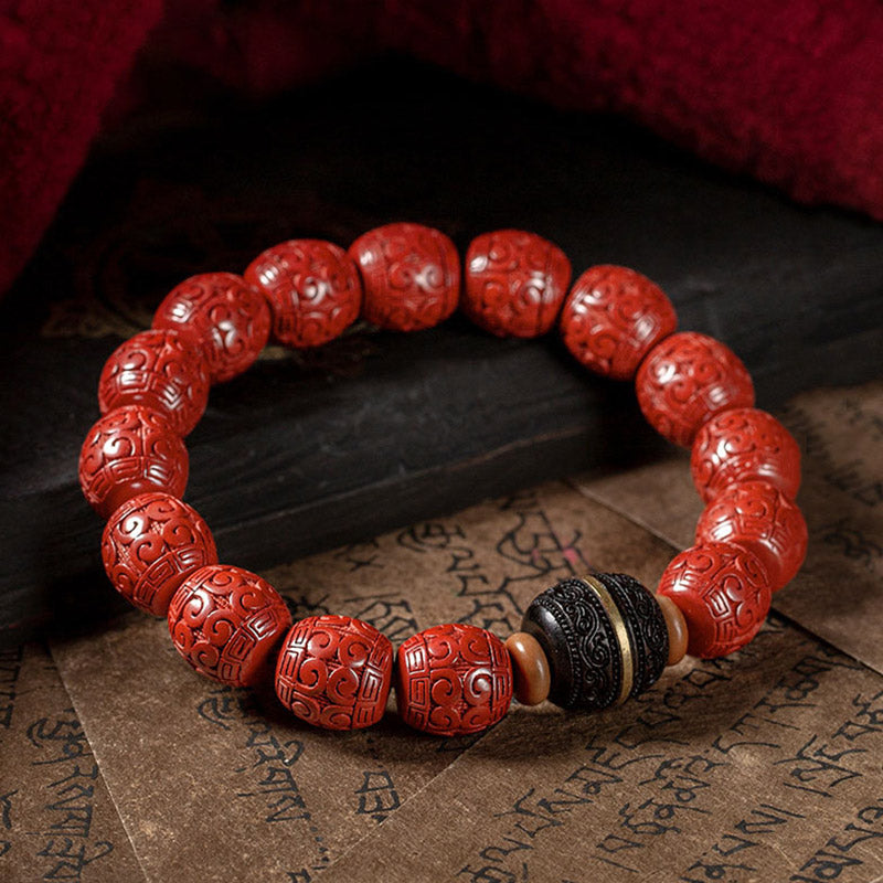 Natural Cinnabar & Ebony Wood Beaded Bracelet for Mindful Centering