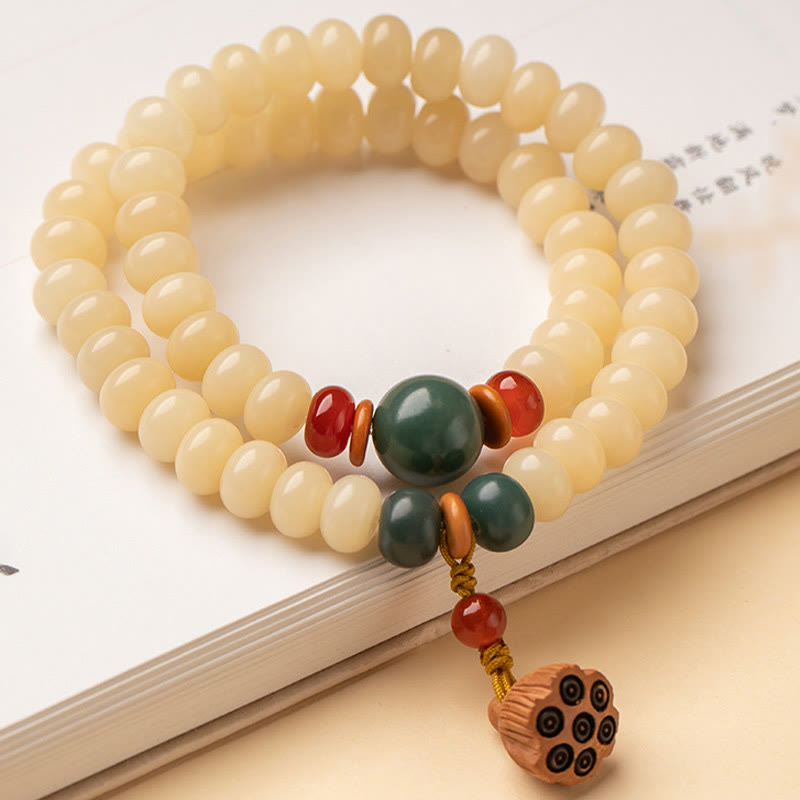 Natural Bodhi Seed and Lotus Pod Charm Double Wrap Mindfulness Bracelet