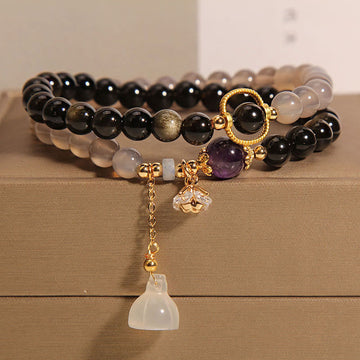 Gold Sheen Obsidian Gray Agate Lotus Charm Strengthen Double Wrap Bracelet