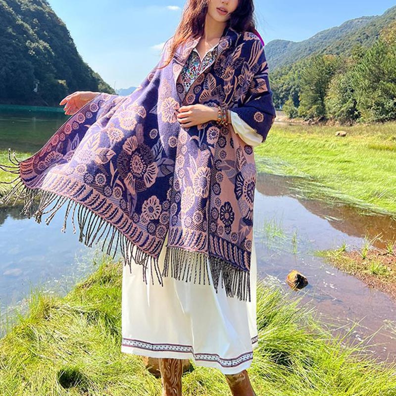 Tibetan Flower Floral Leaves Pattern Design Shawl Cozy Travel Scarf Wrap