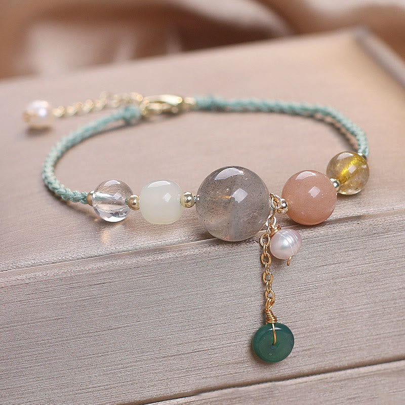 Multi-Gemstone Rope Bracelet with Moonstone, Sunstone, Hetian Jade & Ping An Kou Charm