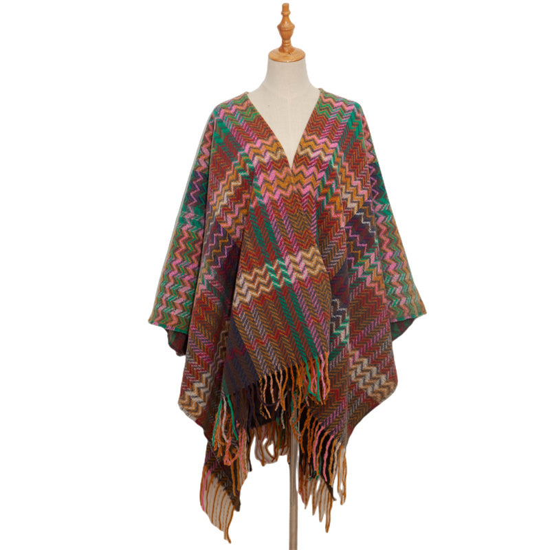 Tibetan Shawl Colorful Wavy Line Tassels Winter Cozy Travel Scarf Wrap