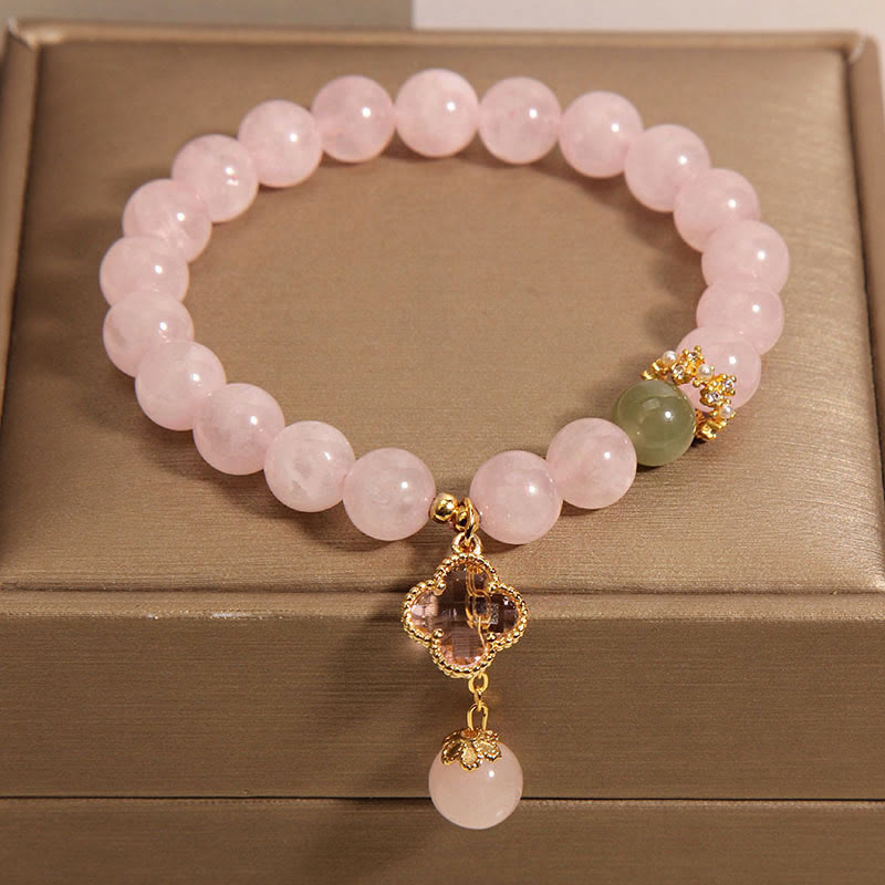 Natural Pink Crystal Four Leaf Clover Soothing Bracelet