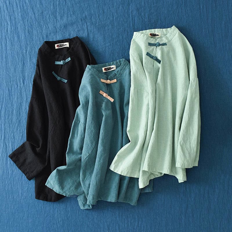 Ramie Linen Loose Blouse Women Long Sleeve Shirt Chinese Hanfu Top