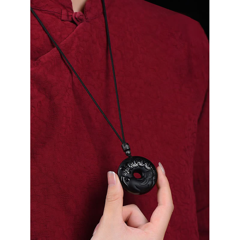 Chinese Zodiac Natural Black Obsidian Peace Buckle Strength Necklace Pendant