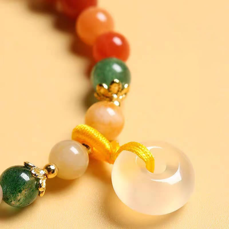 14K Gold Plated Golden Silk Jade and Green Strawberry Quartz Ping An Kou Bracelet