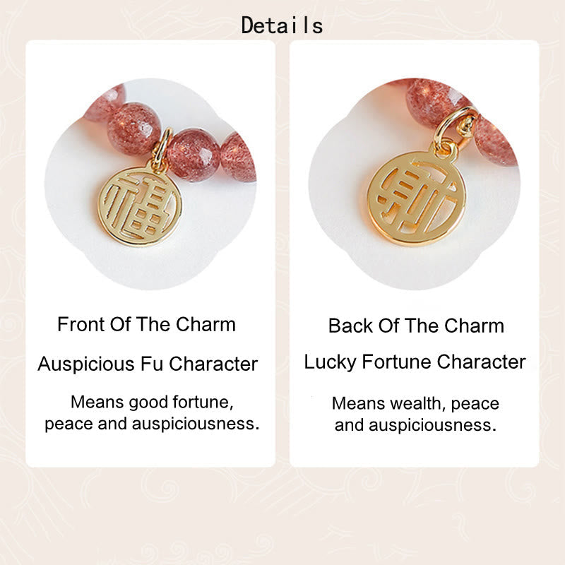 14K Gold Plated Strawberry Quartz Fu Character Healing Charm Bracelet