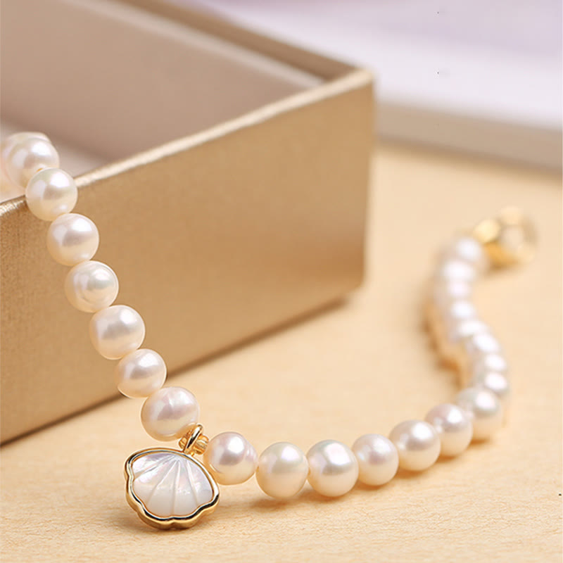 14K Gold Plated Natural Pearl & Seashell Charm Bead Bracelet with Amethyst or Red Agate