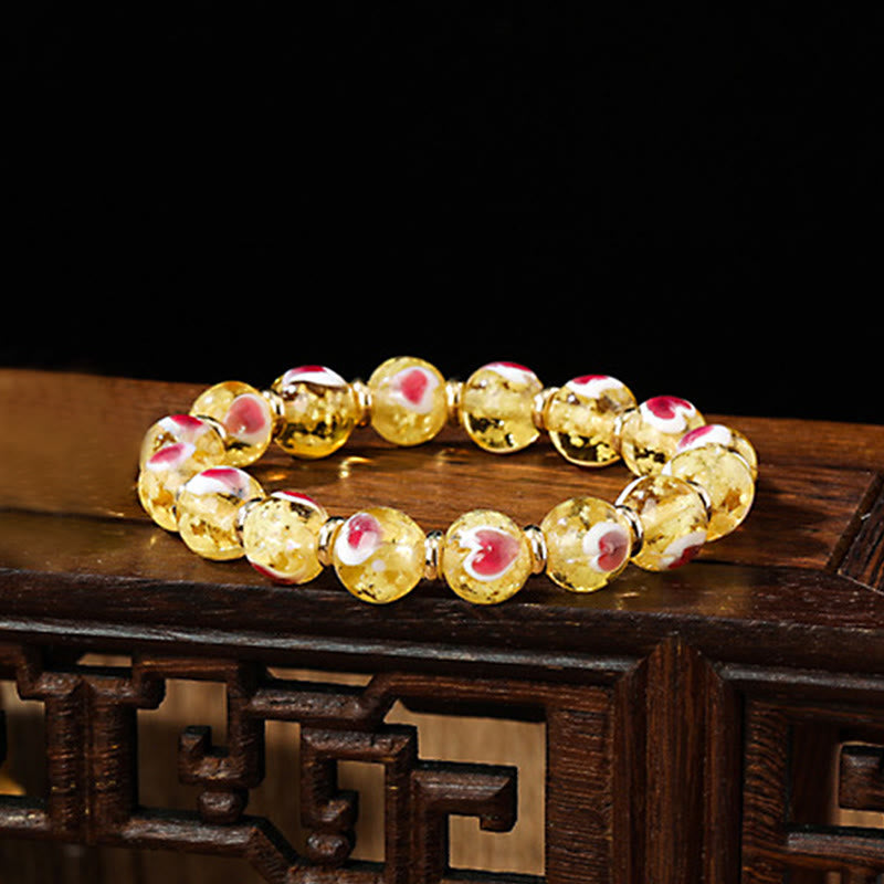 Gold Swallowing Beast Family Pink Love Heart Luminous Fluorescent Liuli Glass Bead Bracelet