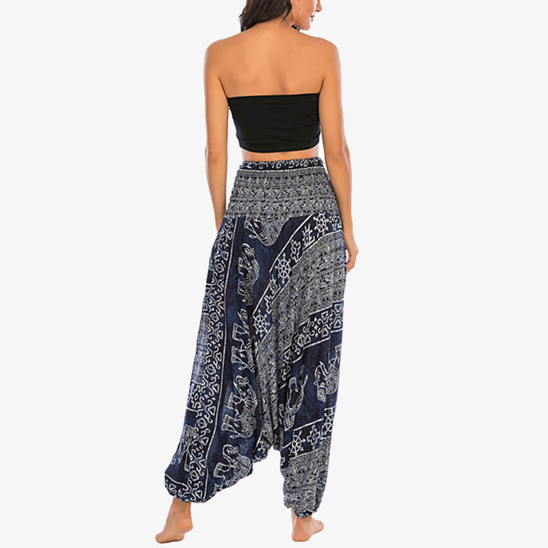 Two Style Wear Elephant Pattern Loose Smocked Harem Trousers Jumpsuit Women's Yoga Pants