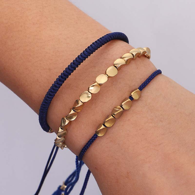 Handmade Tibetan Copper Beads & Endless Knot Woven Bracelet Set - 3 Pieces